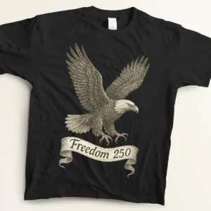 Flat lay view of a black graphic t-shirt resting on an off-white background. The shirt displays a highly detailed vintage engraving of a bald eagle soaring with its wings spread wide, rendered with fine cross-hatching in charcoal and antique white shades. An elegant, flowing banner underneath features the text "Freedom 250" written in a slightly distressed cursive script.