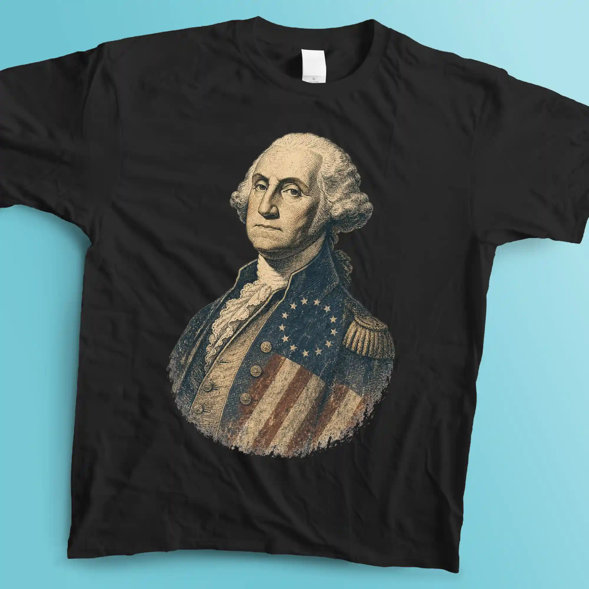 Vintage graphic t-shirt design featuring a distressed portrait of George Washington in a stoic pose, rendered in a detailed woodcut engraving style. The artwork showcases muted sepia and aged colonial blue tones with subtle grunge textures. A weathered 13-star Betsy Ross flag circle pattern is subtly overlaid across the uniform, isolated against a solid teal background.